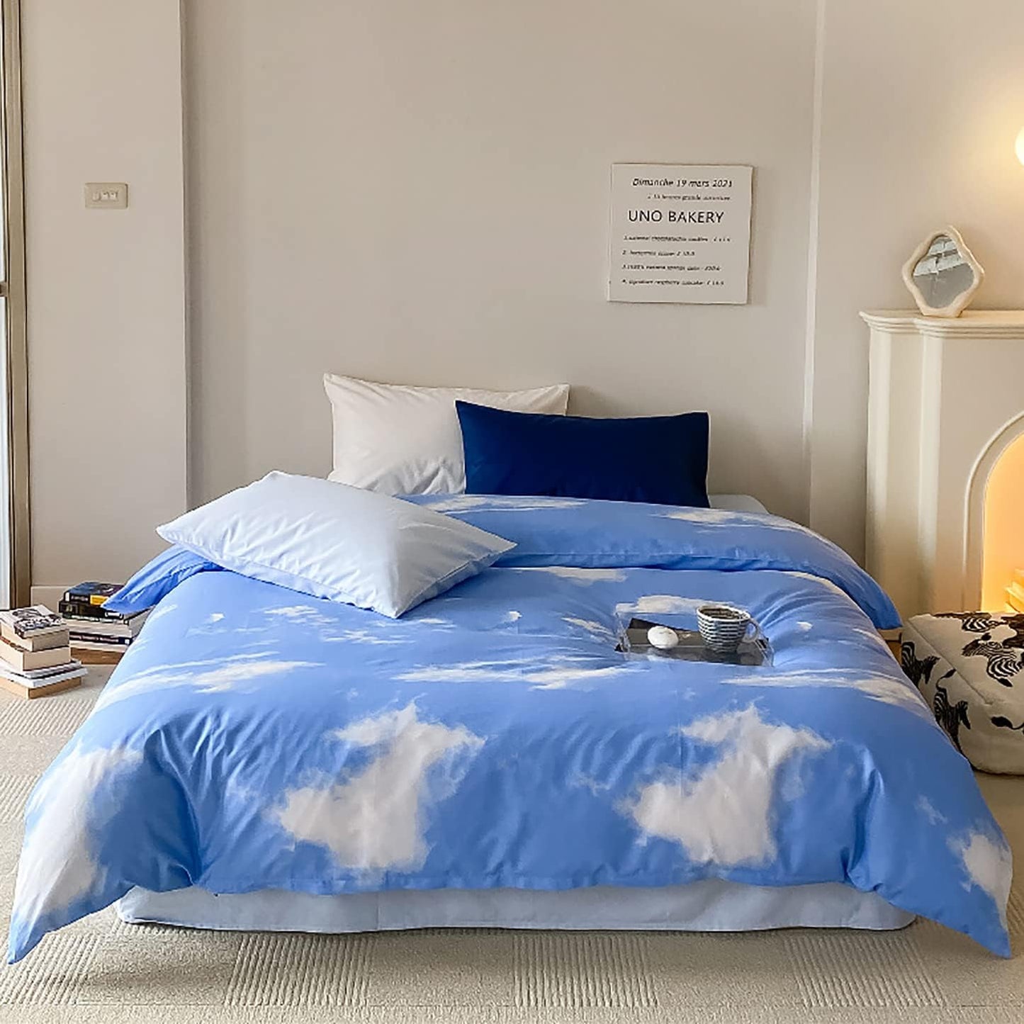 KAREVER Blue Cloud Comforter Set Cal King Size Sky Theme Bedding Women 3 Pieces Soft Light Blue California King Plus Size Bed Blanket Set All Season