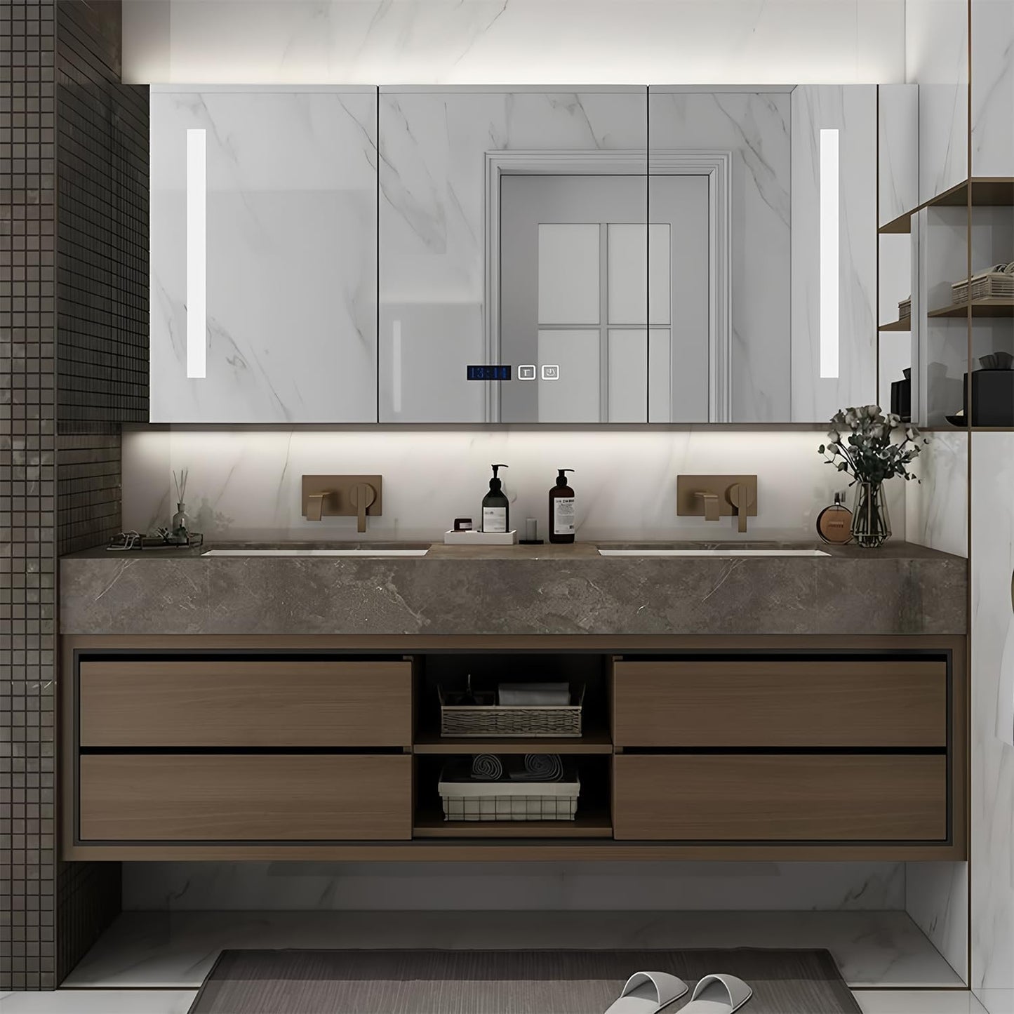 64IN Double Sink Bathroom Vanity, Floating Modern Bathroom Vanity Include Smart Defog Mirror Cabinet with LED Light, Solid Wood Vanities with Integrated Sink and Drawers Storage
