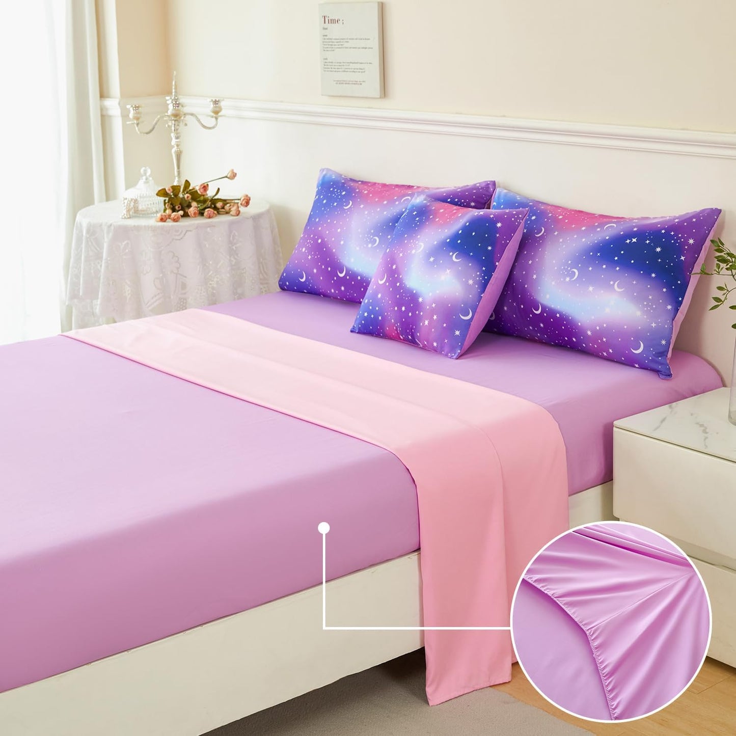 URBONUR 6Pcs Twin Comforter Set for Girls Colorful Pink Purple Blue Gradient Galaxy Printed Bedding Set Kids Teen Bed in A Bag