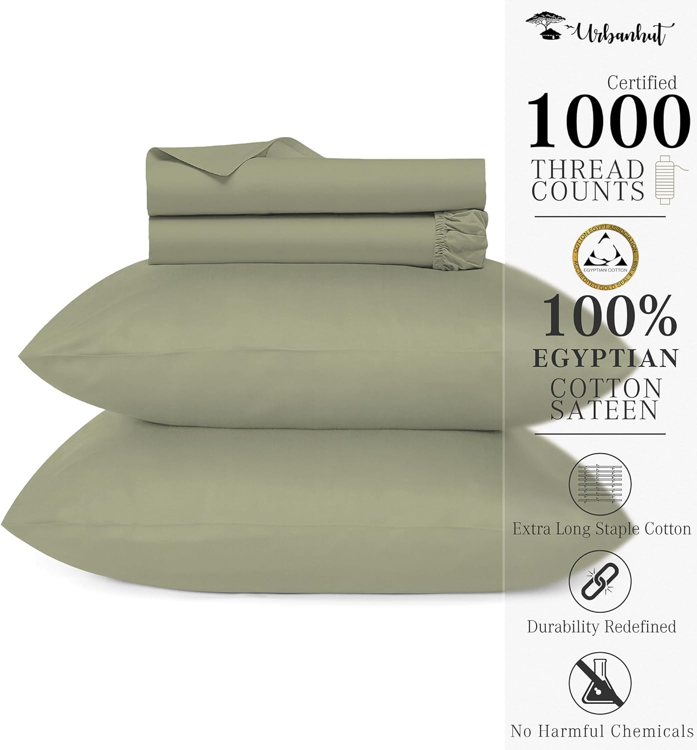 URBANHUT 100% Egyptian Cotton Sheets - 1000 Thread Count Full Size Sheets Set (4Pc), Long Staple Cotton Bedding Sheets, All Season Sateen Weave, Luxury Hotel Bedsheets,16" Deep Pocket - Sage(Moss)