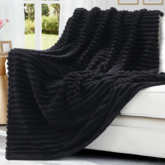 decorUhome Christmas Soft Fleece Black Twin Blanket for Bed, Cozy Fluffy Plush Flannel Striped Throws for Couch Sofa, Lightweight Decorative Ribbed Fuzzy Blanket for Woman, 60x80 Inches