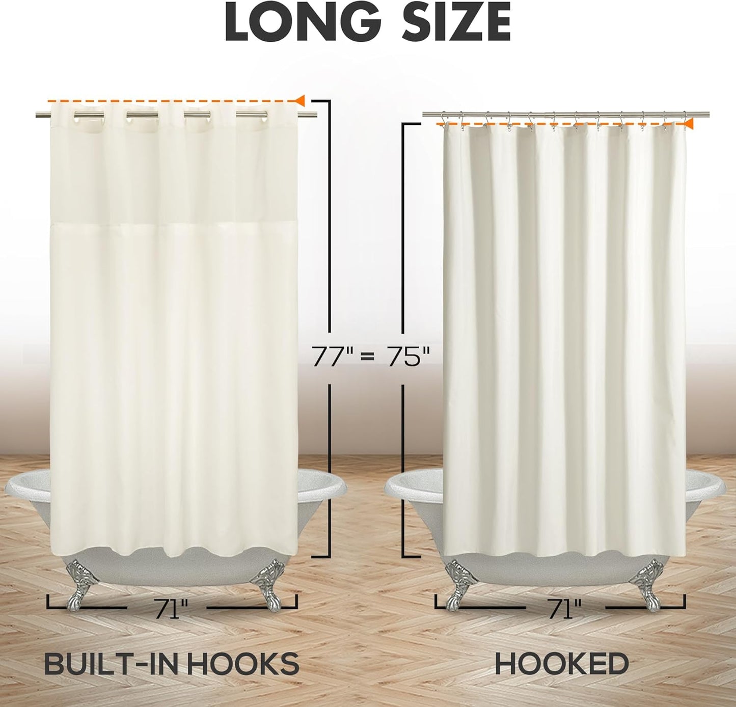 Long No Hook Slub Textured Shower Curtain with Snap-in PEVA Liner Set - 71" x 77"(75"), Hotel Style with See Through Top Window, Cream Fabric Curtain & Waterproof Liner, Sand, 71x77