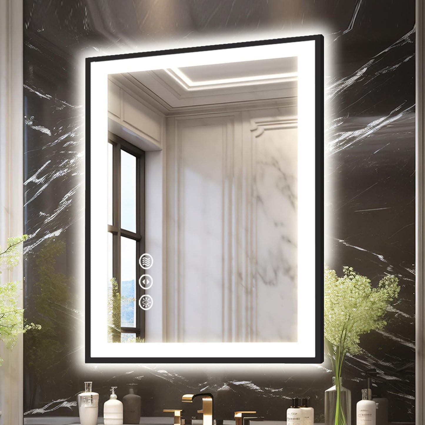 20x28 LED Bathroom Mirror for Wall, Black (Metal, Aluminum) Framed, Front Light and Backlit, 3 Colors and Dimmable Vanity Mirror, Anti-Fog, Shatter-Proof, Memory (Horizontal/Vertical)