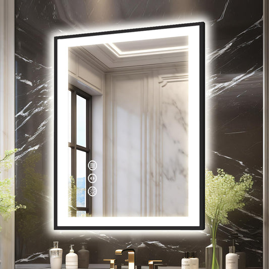 20x28 LED Bathroom Mirror for Wall, Black (Metal, Aluminum) Framed, Front Light and Backlit, 3 Colors and Dimmable Vanity Mirror, Anti-Fog, Shatter-Proof, Memory (Horizontal/Vertical)