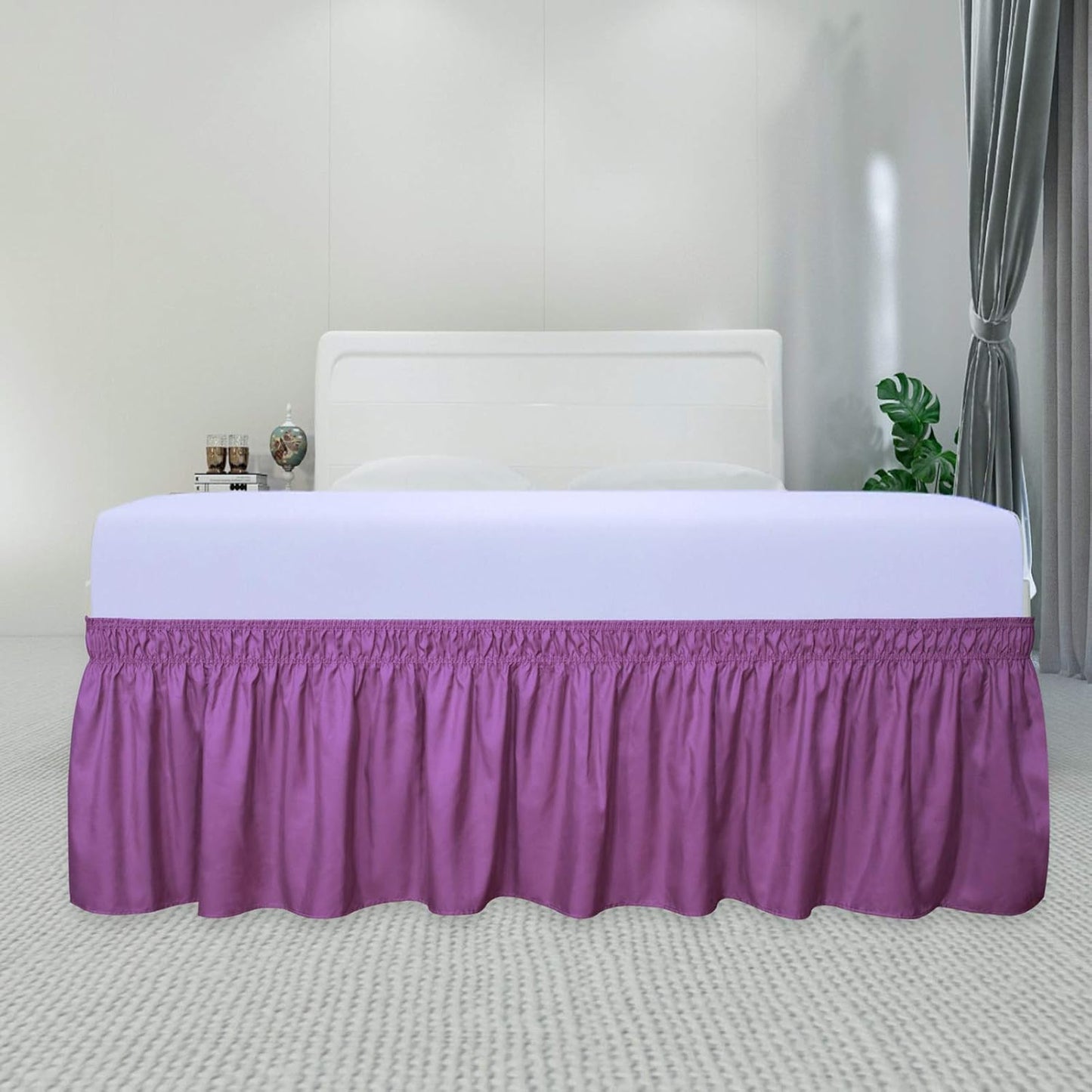 PureFit Wrap Around Ruffled Bed Skirt with Adjustable Elastic Belt - 22 Inch Drop Easy to Put On, Wrinkle Free Bedskirt Dust Ruffles, Bed Frame Cover for Queen, King and C-King Size Beds, Purple