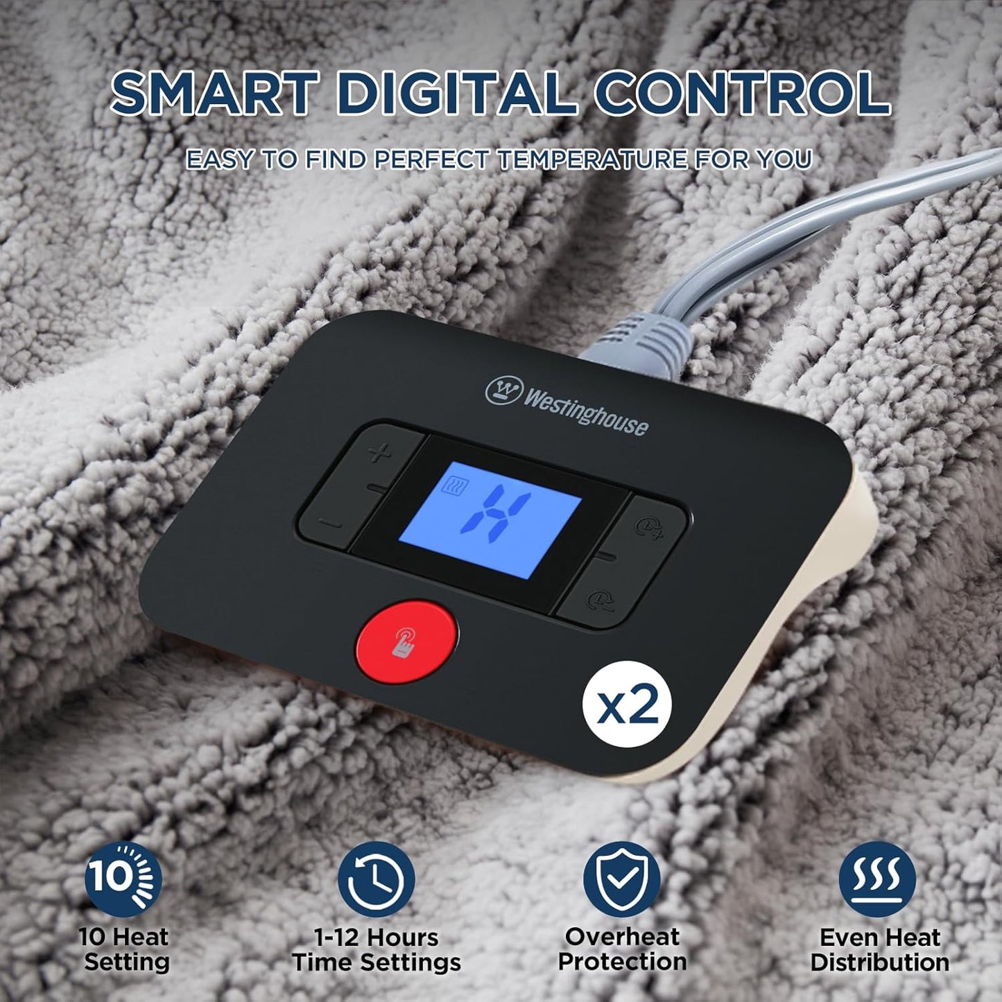 Westinghouse Electric Blanket Queen Size, Soft Plush Sherpa Heated Blanket with 10 Heating Levels & 1-12 Hours Auto-Off, Machine Washable, 84x90 inches, Charcoal