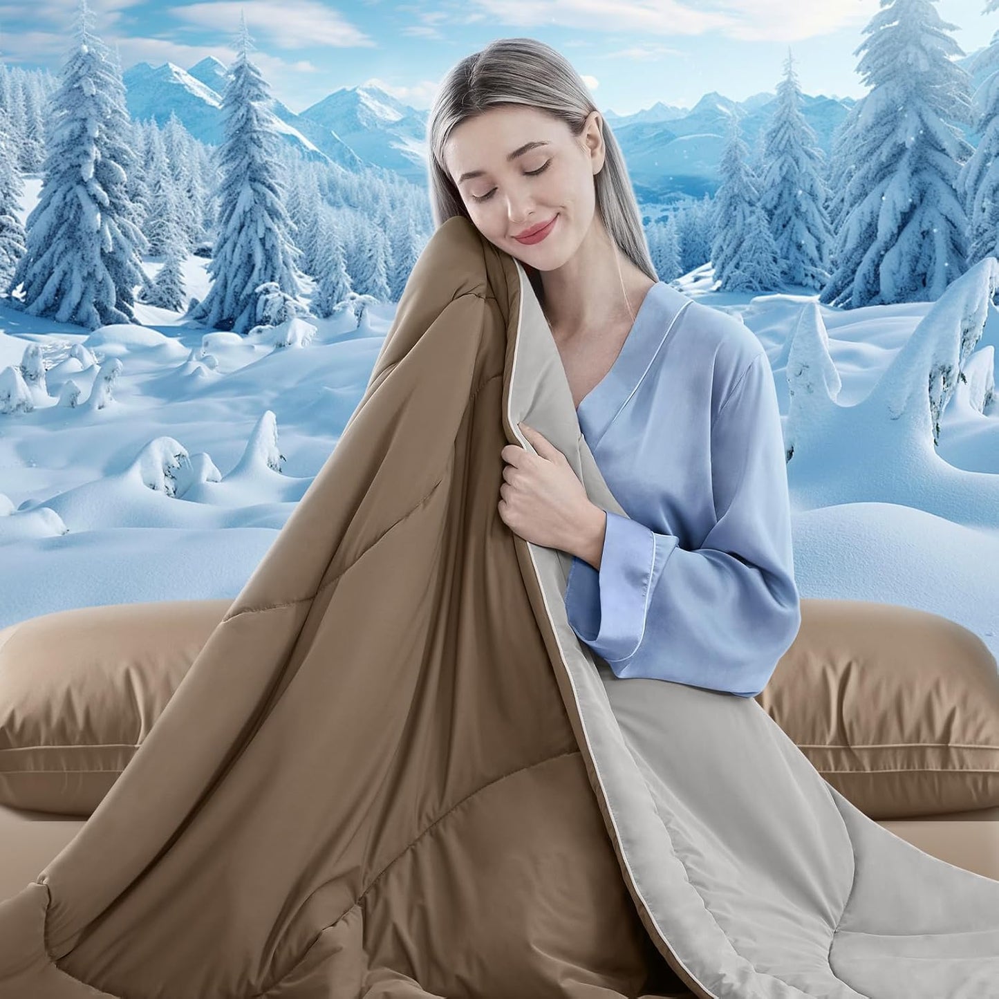 Cooling Comforter Queen Size, Double-Sided Cooling Blanket for Hot Sleepers & Night Sweats, Arc-Chill Q-Max > 0.4 Breathable Ice Blanket, Lightweight Cold Comforter (80''x90'', Brown)