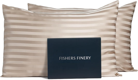 Fishers Finery 25mm 100% Pure Mulberry Silk Pillowcase (Taupe Stripe Standard 2 Pack)