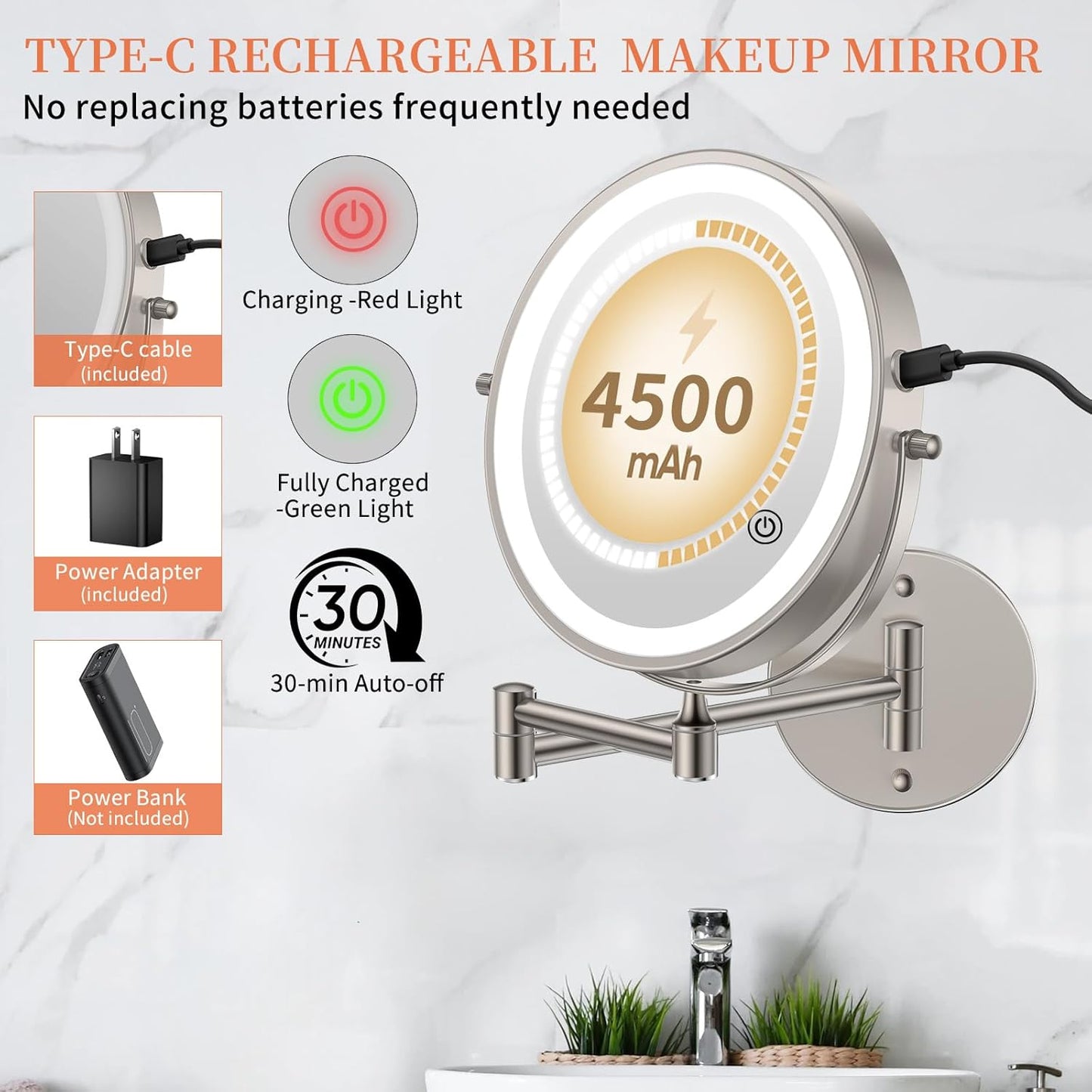 FUNTOUCH 9" 30X/1X Magnifying Wall Mounted Lighted Makeup Mirror, 4500mAh Rechargeable Double Sided Mirror with Light, 3 Color Lights,Touch Dimmable, 360 Rotation Extended Arm for Bathroom,Nickel