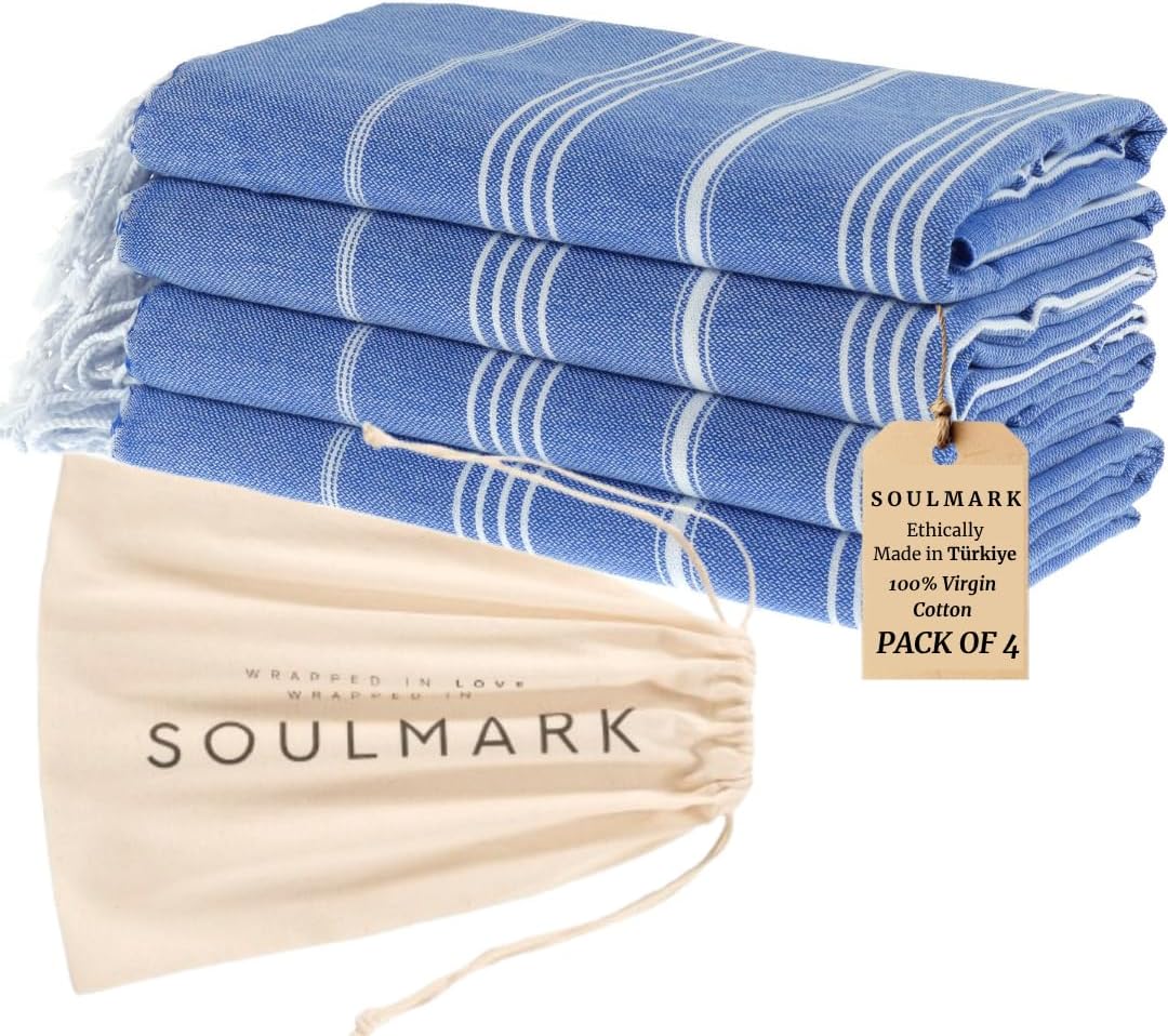 SOULMARK 100% Cotton Turkish Beach Towel with Bag - 38"x71" - 4 Pack - Made in Green & Oeko TEX Certified - Pre-Washed and Sand Free - Quick Dry and Lightweight for Travel - Made in Turkey - Sax Blue