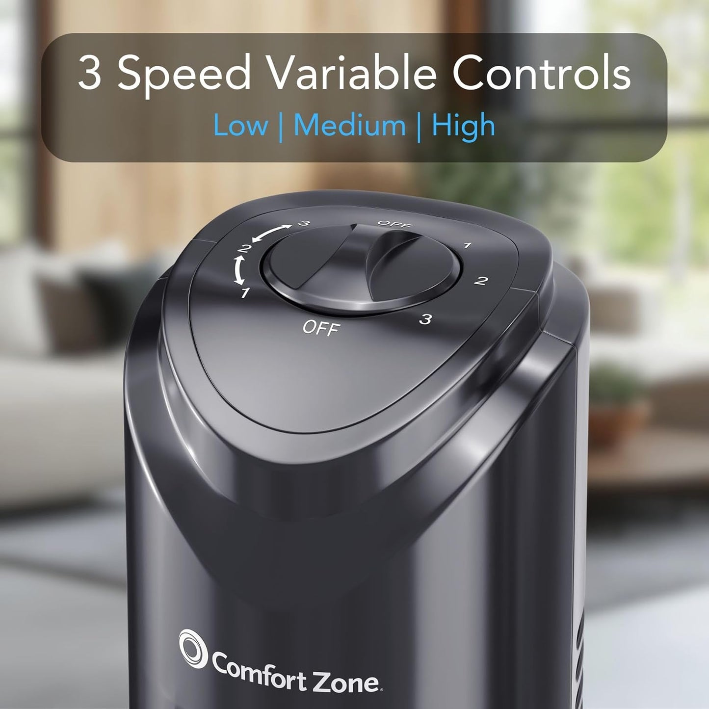 Comfort Zone Tower Fan for Bedroom, 32 inch, 3 Speeds, 90 Oscillation, Bladeless Indoor Fan, Built in Carry Handle, Portable Stand Fan, Black
