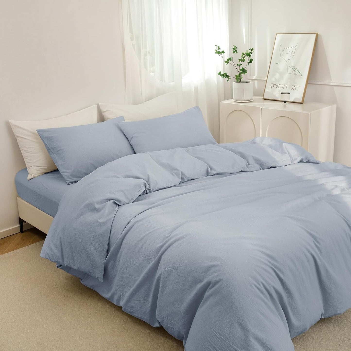 JIYUAN 100% Washed Cotton Duvet Cover Set 3 Pieces King, 1 Duvet Cover 104x90 Inches(Comforter Not Included) and 2 Pillowcases,Linen Feel Bedding Set Comfy and Breathable, Heathered Light Blue