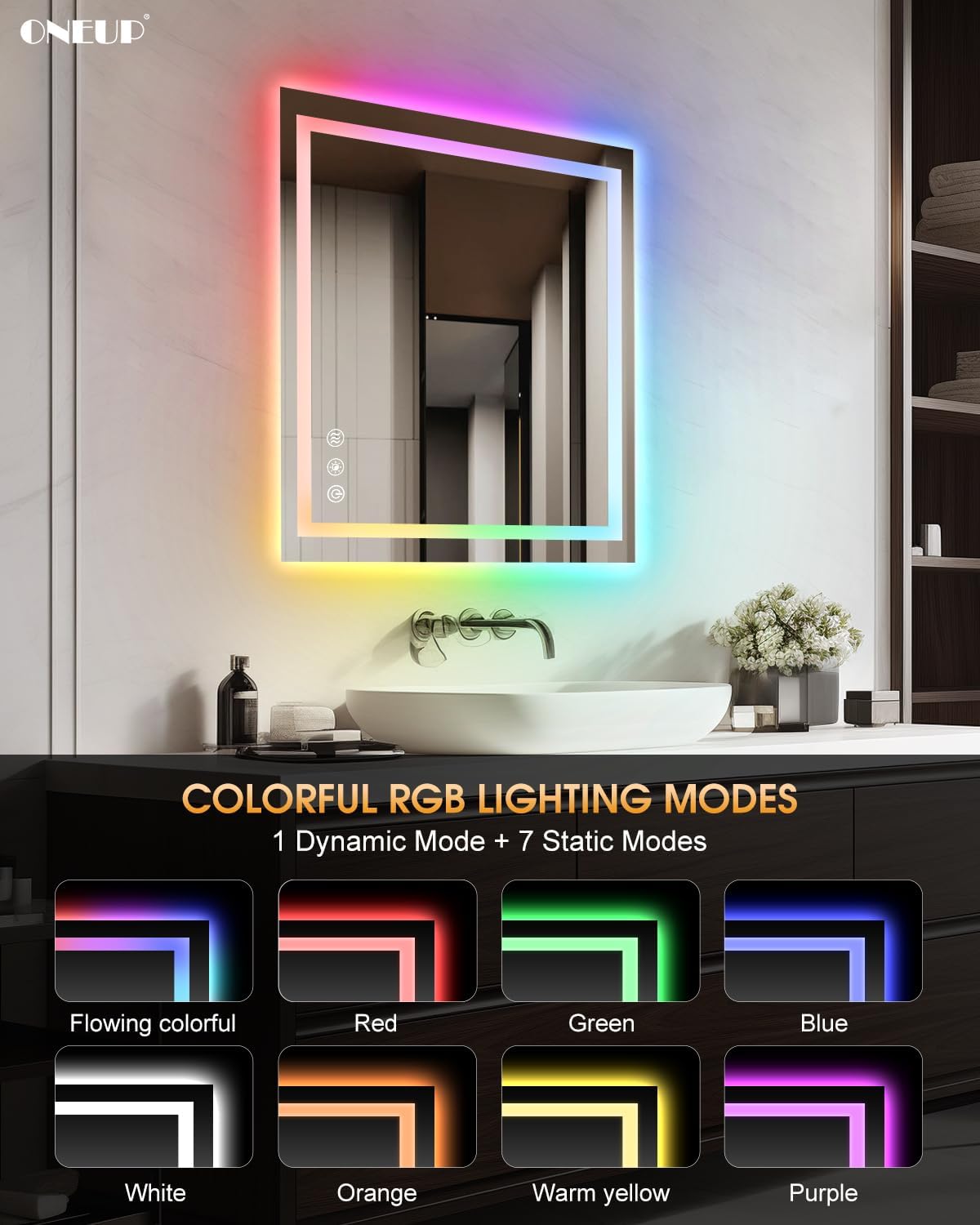 oneup 24x32'' RGB Bathroom Mirror with Lights,RGB Color Changing LED Bathroom Mirror for Wall,Lighted Vanity Mirrors,Dimmable,Anti-Fog,IP54 Waterproof