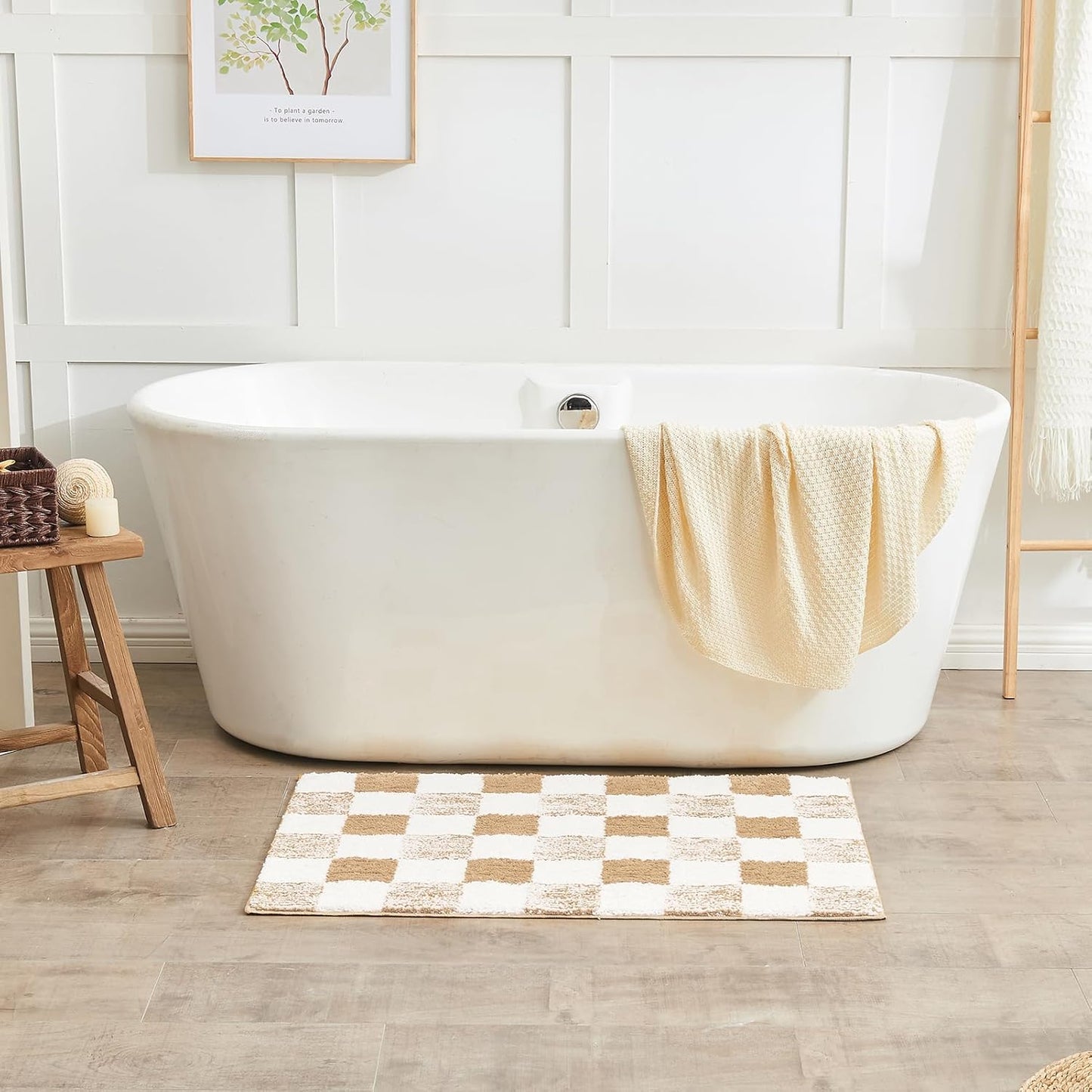 CozeCube Bath mats for Bathroom Non Slip, Fluffy Absorbent Microfiber Bath mat Washable, Aesthetic Bathroom Rugs, Long Beige Checkered Bath Runner, Beige, 59" x 24"