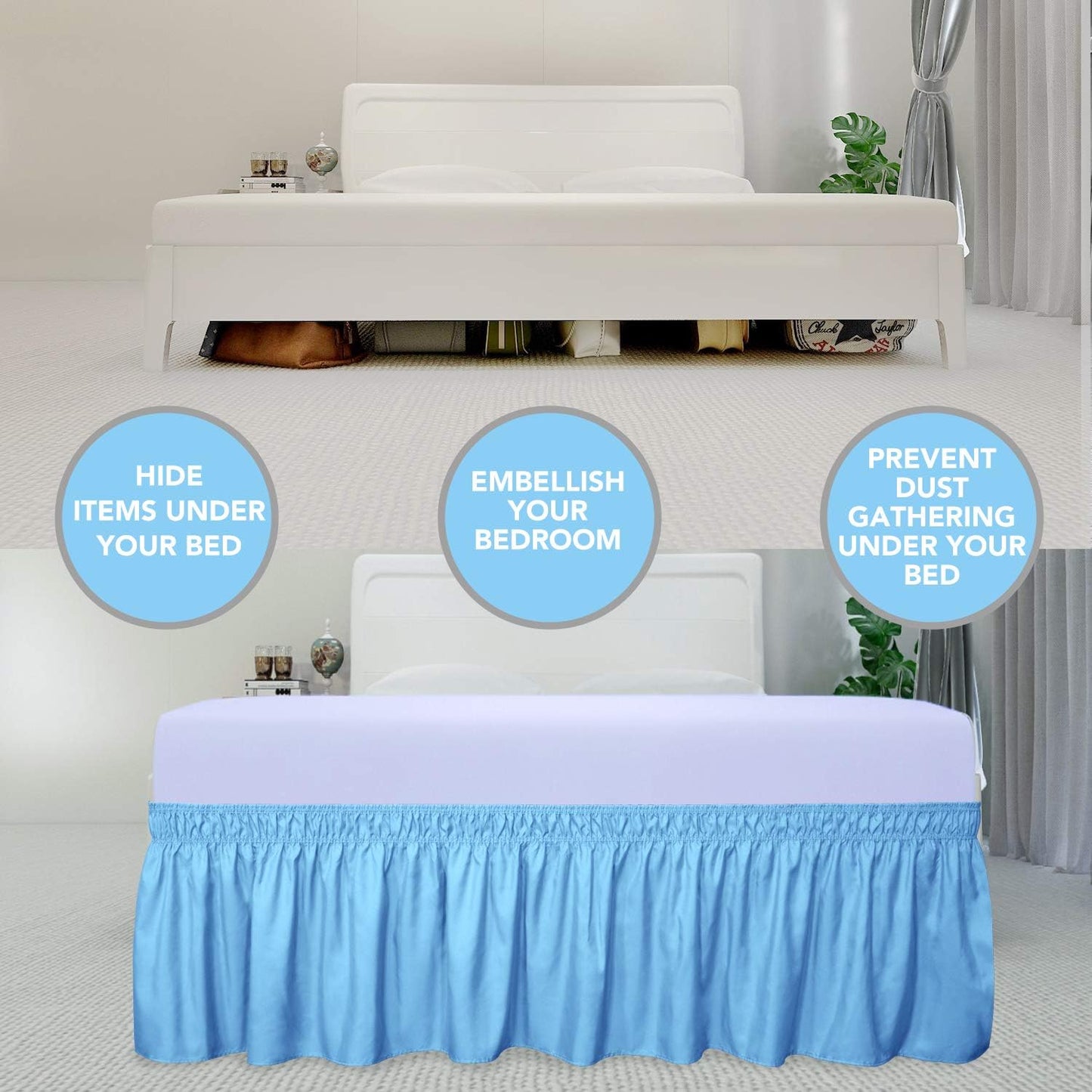 PureFit Wrap Around Ruffled Bed Skirt with Adjustable Elastic Belt - 22 Inch Drop Easy to Put On, Wrinkle Free Bedskirt Dust Ruffles, Bed Frame Cover for Queen, King and C-King Size Beds, Light Blue