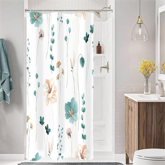 Gibelle Small Stall Shower Curtain 36 x 72, Narrow Half Watercolor Floral Fabric Shower Curtain, Teal Beige Flower Decorative Bathroom Shower Curtain Set with Hooks