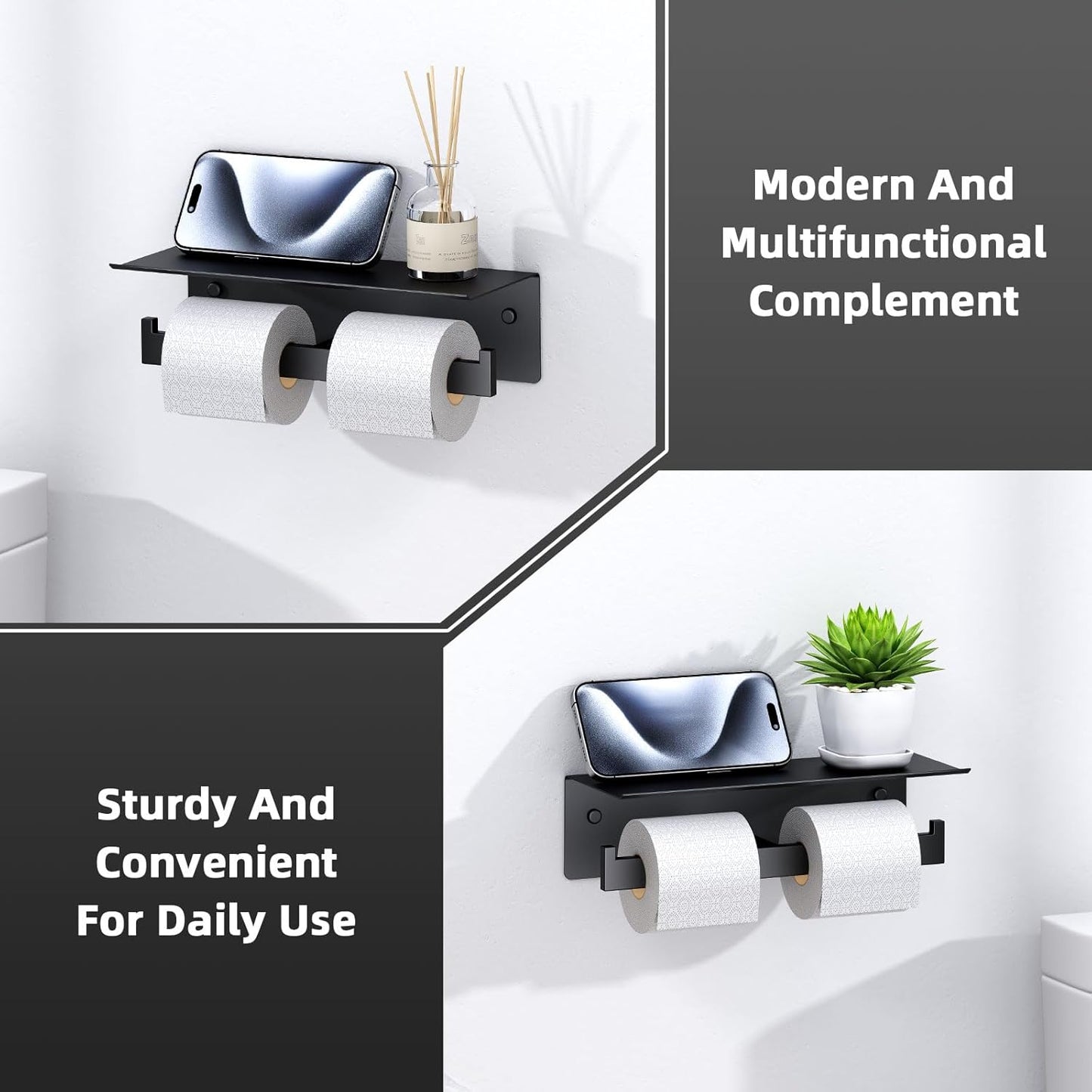 Angle Simple Matte Black Toilet Paper Holder with Shelf, 304 Stainless Steel Double Toilet Tissue Roll Holder for Wall