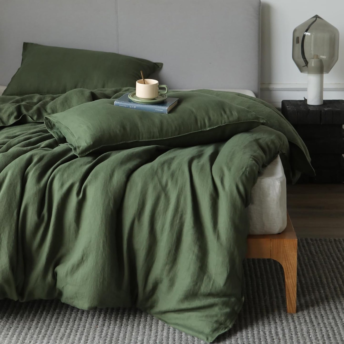 XZ XIFA Green Linen Duvet Cover Queen, 100% Washed French Flax Linen Bedding with Zipper Closure, Cooling for Hot Sleepers, Textured Bed Sets - 1 Duvet Cover and 2 Pillowcases.