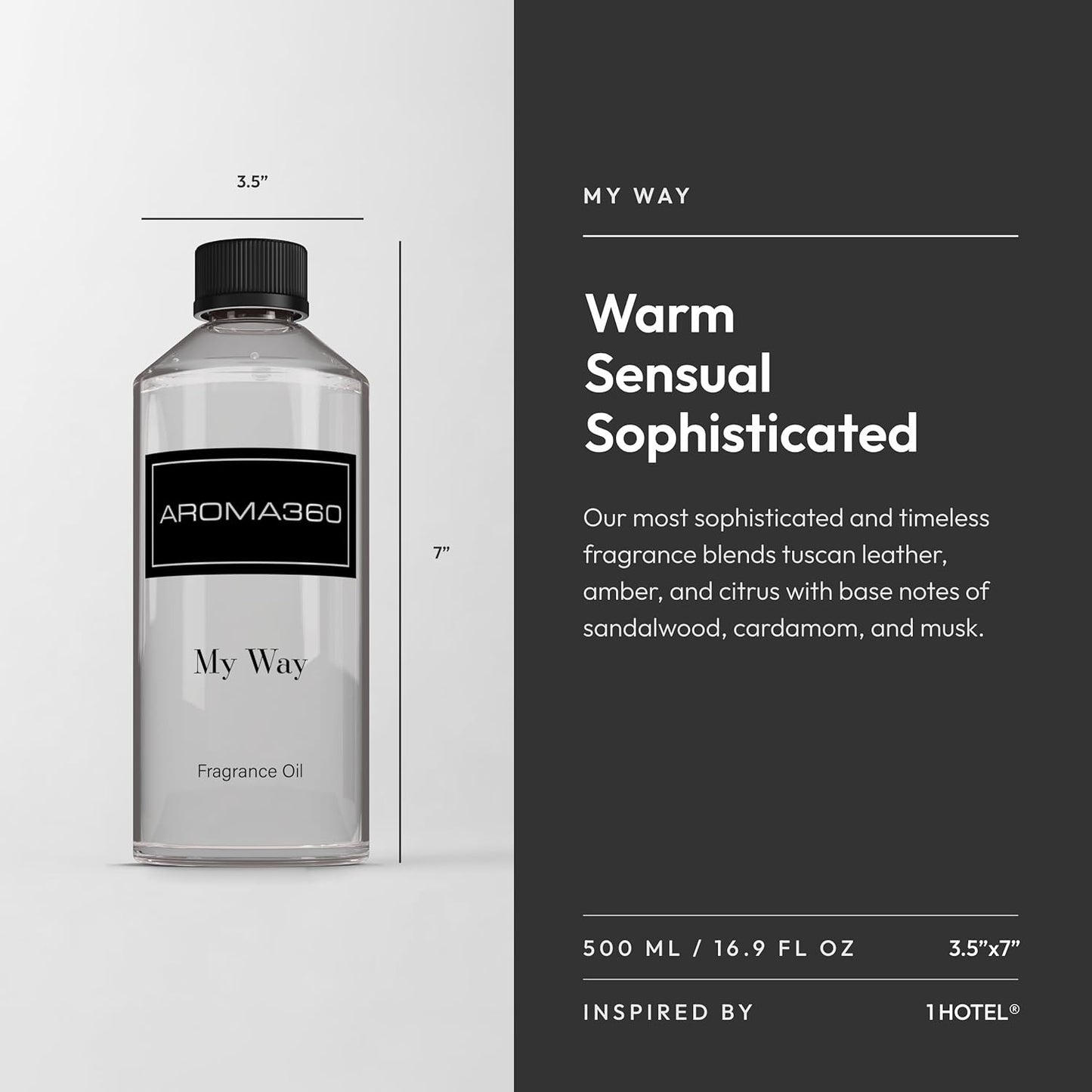 Aroma360 - My Way Fragrance Oil Blend | Hotel Inspired for Luxury Essential Oil Diffusers | Aromatherapy Scent Diffuser Oil | Lush Sandalwood, Warm Cedar, and Delicate Florals. - 500ML