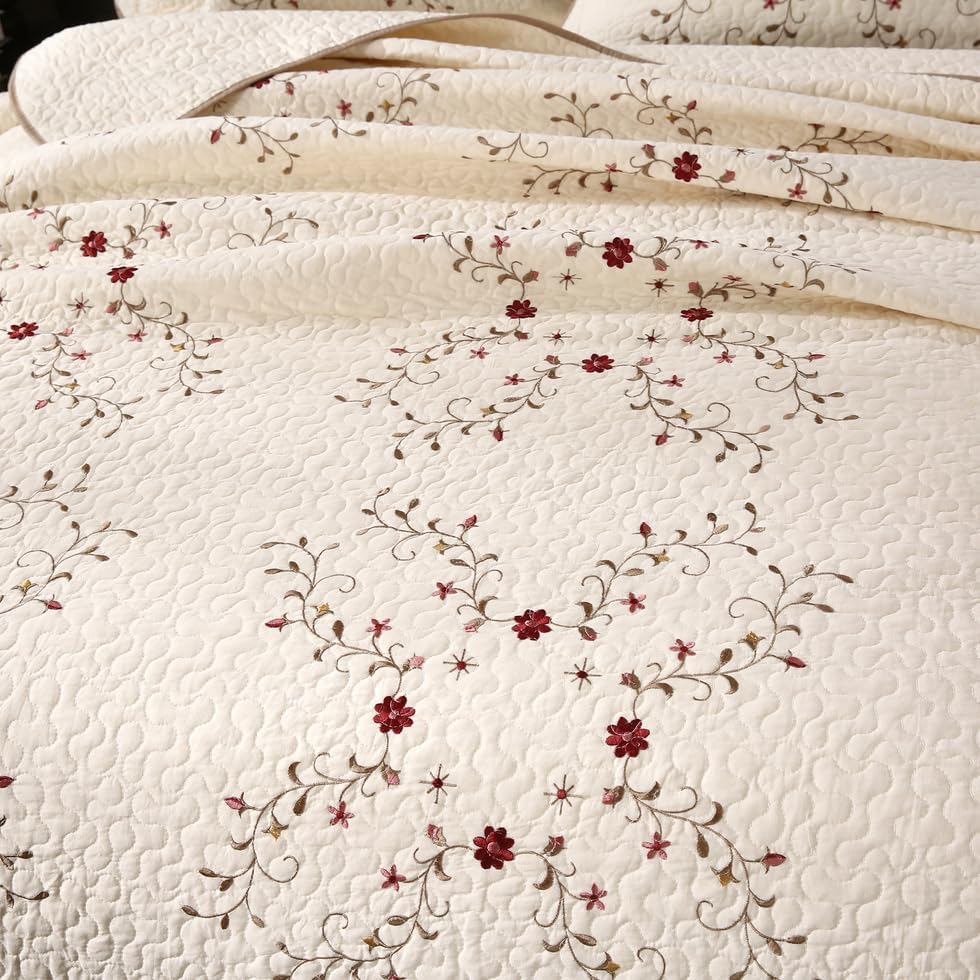 Quilt Set Floral Leaves 3D Embroidery Pattern 2 PCS Cotton Reversible Quilted Embroidered Decorative Bedspreads Coverlet Set, Lightweight &Soft Queen Size Beige Bedding Coverlet for All Season