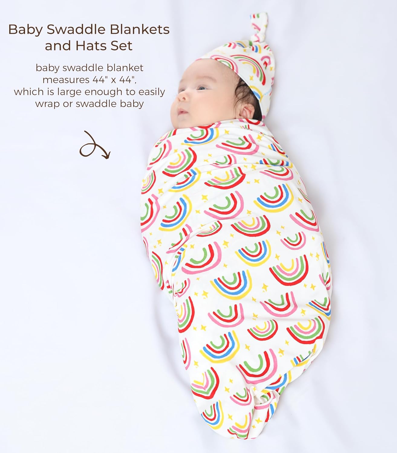 Newborn Swaddle Blanket with Hat Set,Unisex Baby Receiving Blanket Nursery Wrap for Girls and Boys, Viscose Made from Bamboo Rainbow One Size
