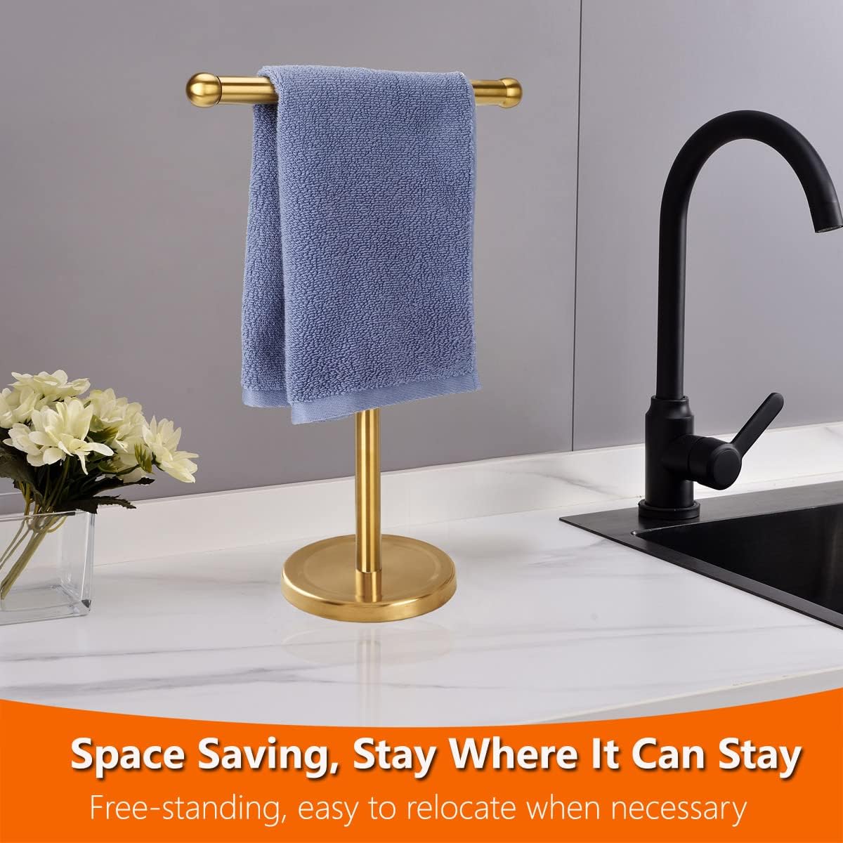 Gold Hand Towel Holder Stand with Heavy Stainless Steel Base, T-Shape Towel Rack, Free-Standing Towel Holder Countertop for Bathroom (Brushed Gold)