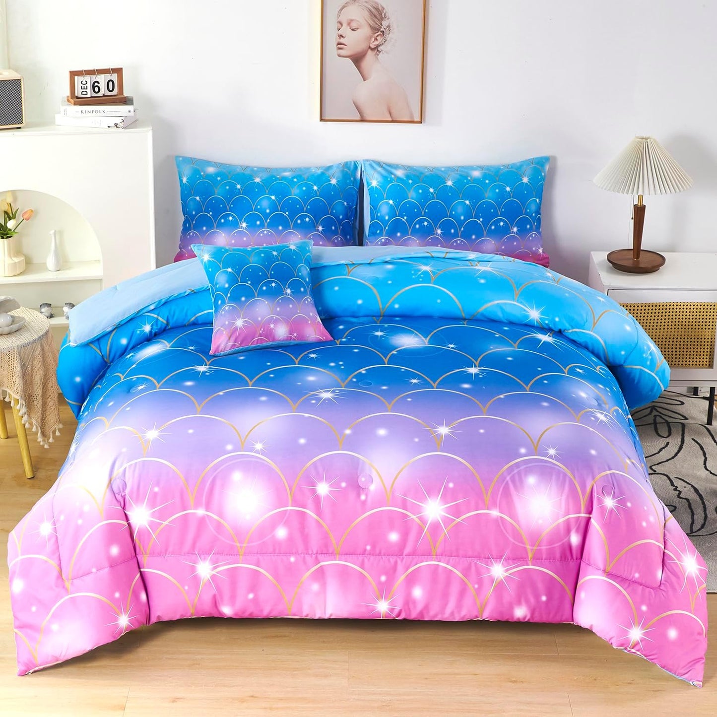 URBONUR Mermaid Comforter Set Full Size 6 Pieces Bed in a Bag Pink Blue Girls Bedding Colorful Bedroom Decor Soft All Season Kids Bed Sets