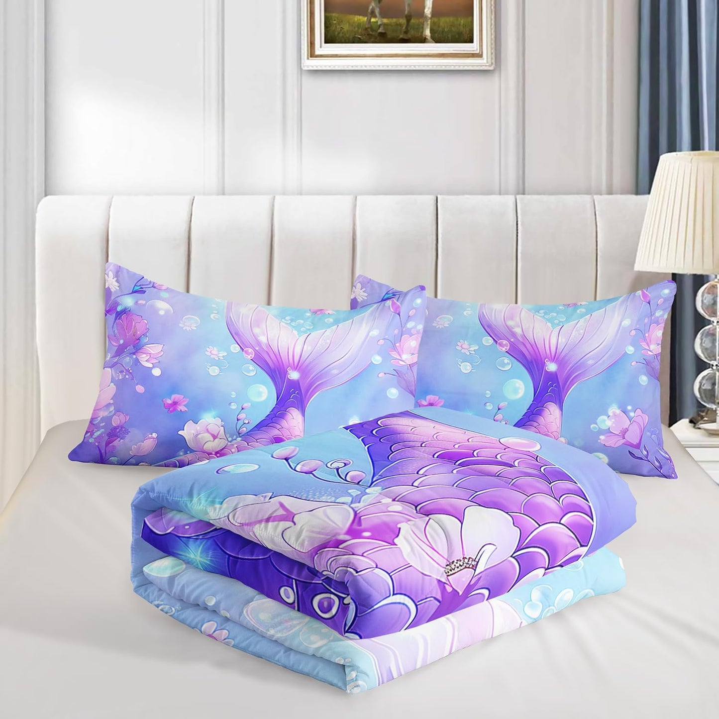 Pretty Mermaid Comforter Twin for Girls Kids, Mermaid Fish Scale Floral Pattern Bedding for Girls Bedroom Decor, Ocean Themed Comforter Bedding Sets with 2 Pillowcases