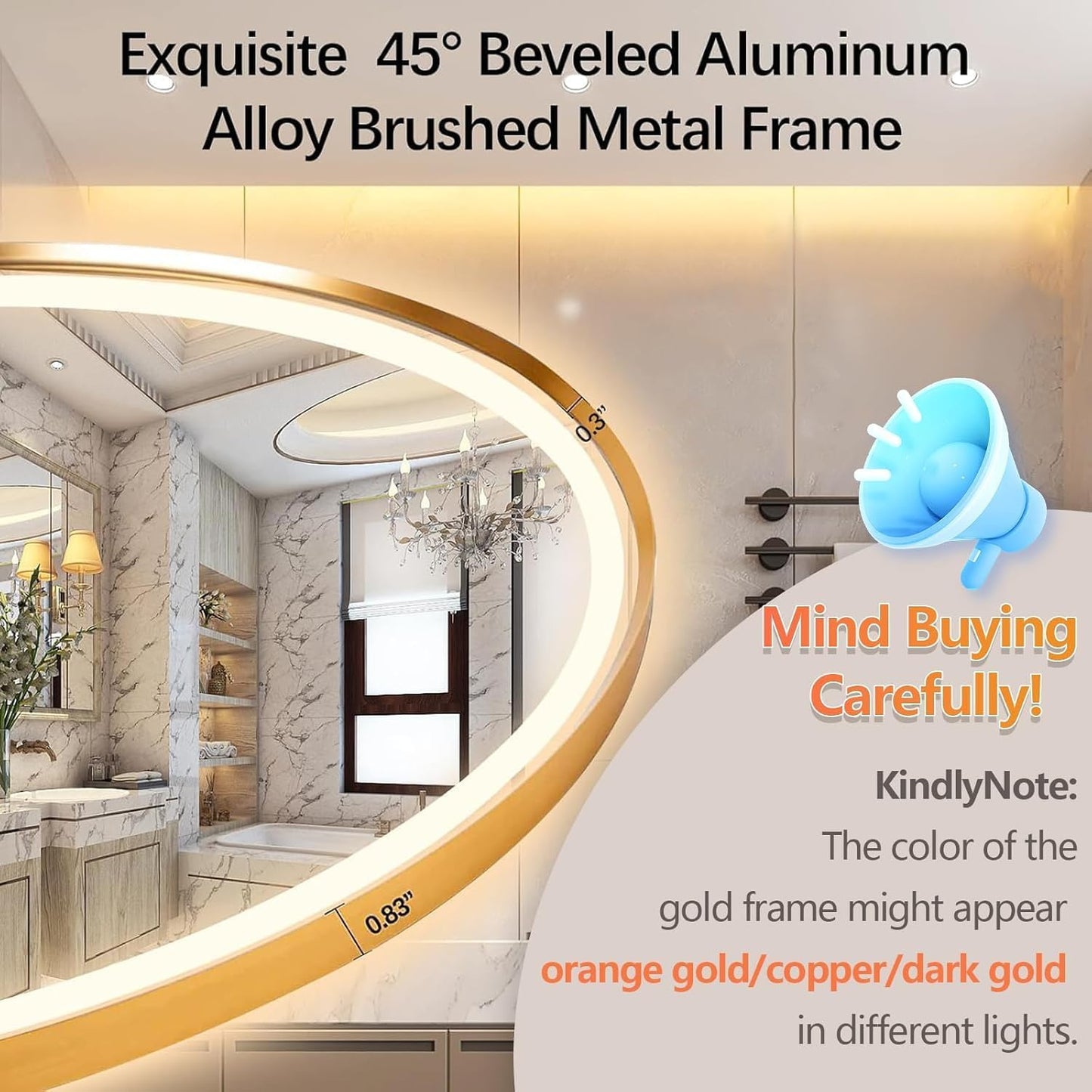 51" x 27" Oval LED Bathroom Mirror with Lights, Gold Metal Framed Anti-Fog LED Vanity Mirror, Lighted Bathroom Mirrors Wall Mounted, Stepless Dimmable, Shatter-Proof, Horizontal/Vertical