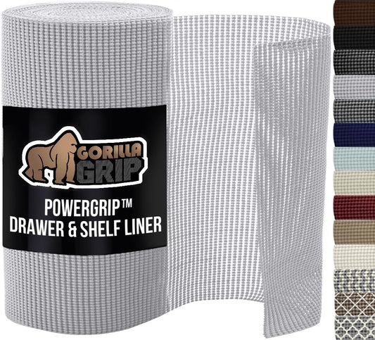 GORILLA GRIP powerGRIP Drawer Shelf and Cabinet Liner, Thick Strong Hold, Non-Adhesive Liners Protect Kitchen Cabinets and Cupboard, Bathroom Drawers, Easy Install, Breathable Mat, 20" x10' Light Gray