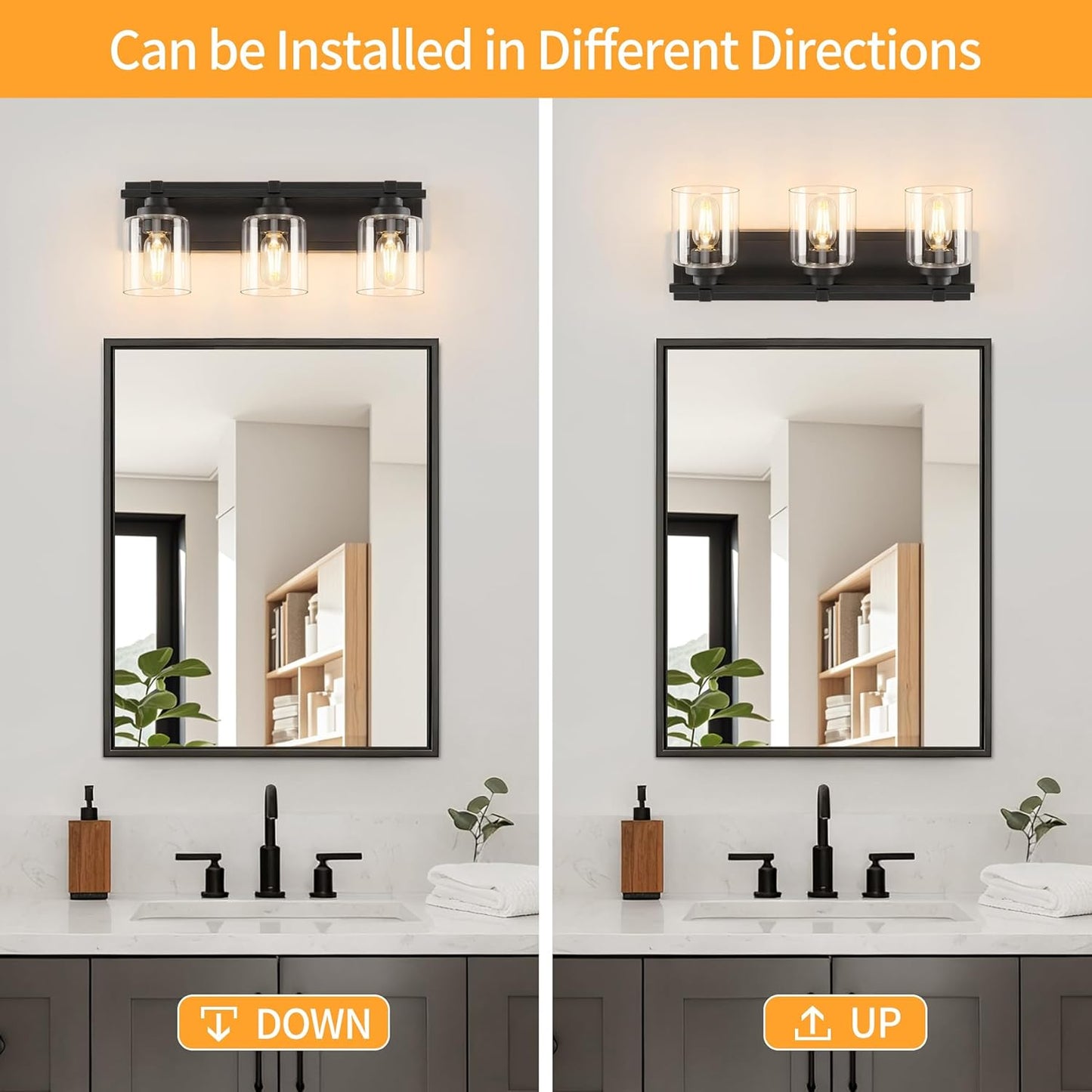 3 Light Modern Bathroom Light Fixtures Over Mirror, Black Vanity Lights for Bathroom Wall Sconces with Clear Glass Shades, E26 Socket (Bulbs Not Included)