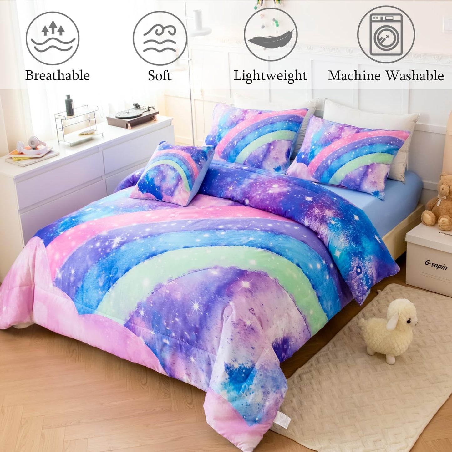 ANGIYUIN Tie Dye Blue Twin Size Comforter Sets for Kids Girls 6 Pieces Colorful Rainbow Bed in A Bag Pastel Gradient Galaxy Bedding Sets with Sheets, Comforter and Pillowcases for Teens Kids