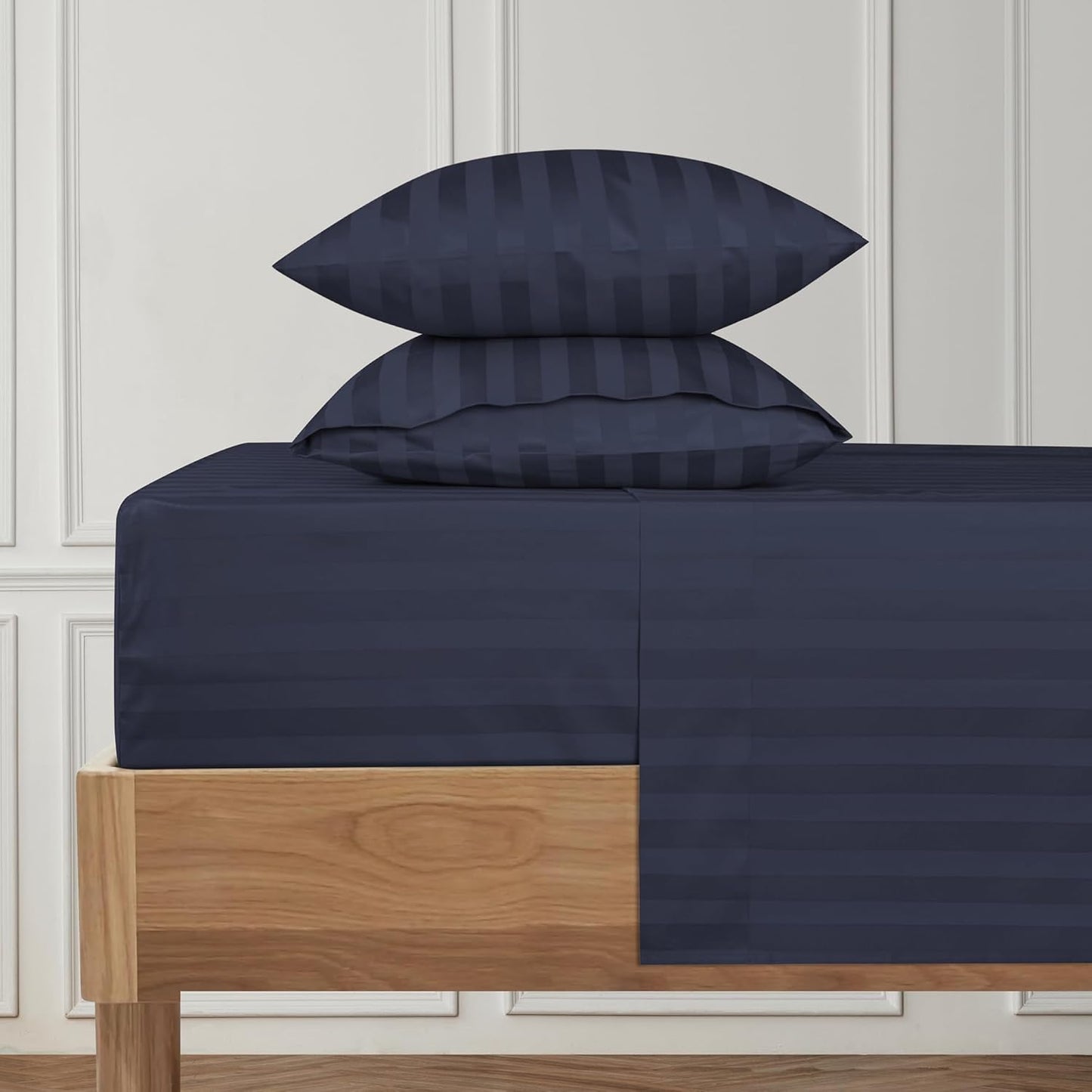 URBANHUT 1000 Thread Count Damask Striped King Sheet Set Egyptian Cotton Sheets, Long Staple Soft & Breathable, 4 Pcs Bed Sheet Sets, Luxury Hotel Sateen Sheets Fits 16" Deep Pocket - Navy Blue