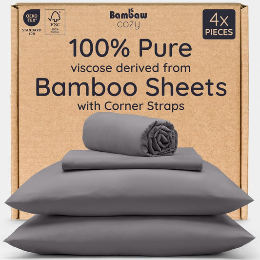 Bambaw 100% Viscose Derived from Bamboo Queen Sheet Set – 4pcs Soft Bedding Set, Deep Pocket Queen Cooling Sheets Fits Up to 16'' with Elastic Corner Straps (Dark Gray)