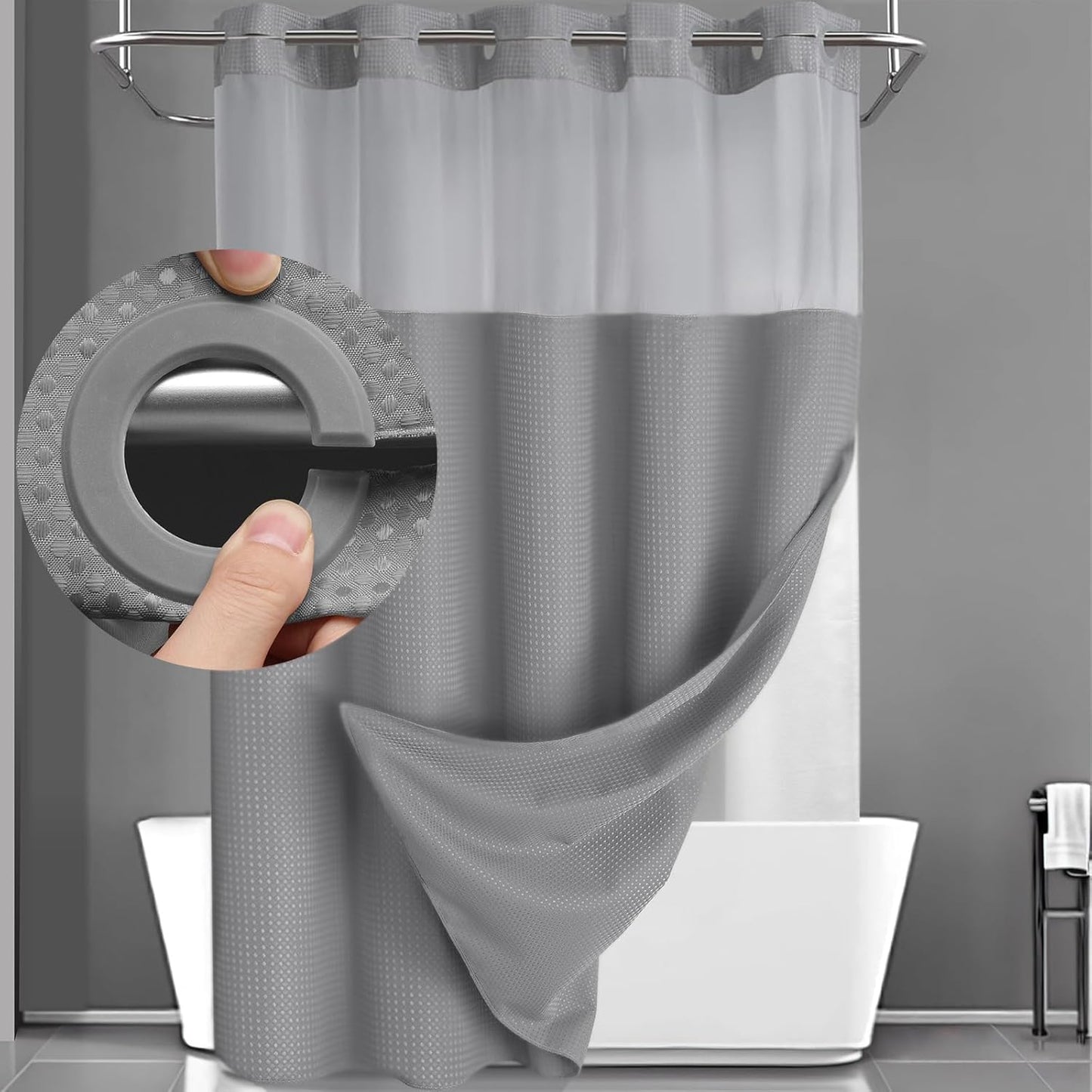 YellyHommy No Hook Shower Curtain with Snap in Liner Set Less Time Grey Waffle Shower Curtain for Bathroom 75" L x 78" W