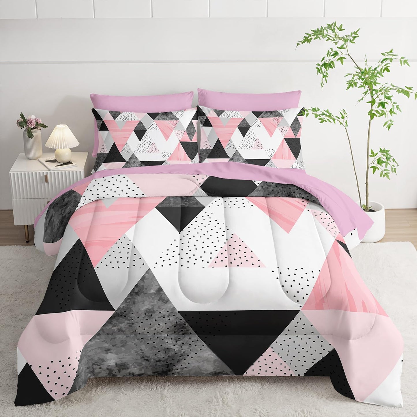 Queen Size Comforter Set - 7 Piece Pink & Gray Triangle Geometric Bedding, Ultra Soft Microfiber, Modern Aesthetic, All Season
