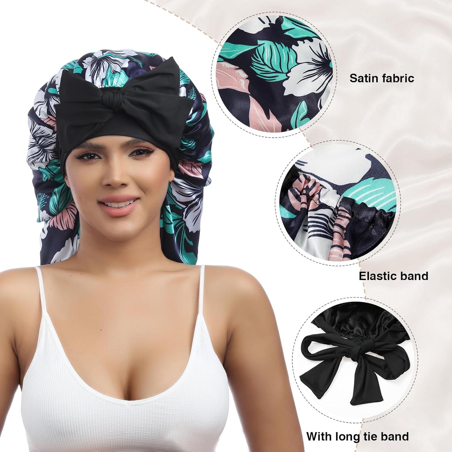 AWAYTR Long Satin Bonnet for Braids - Elastic Silk Hair Bonnets for Sleeping Night Cap Stretchy Tie Band for Women（Flower D）