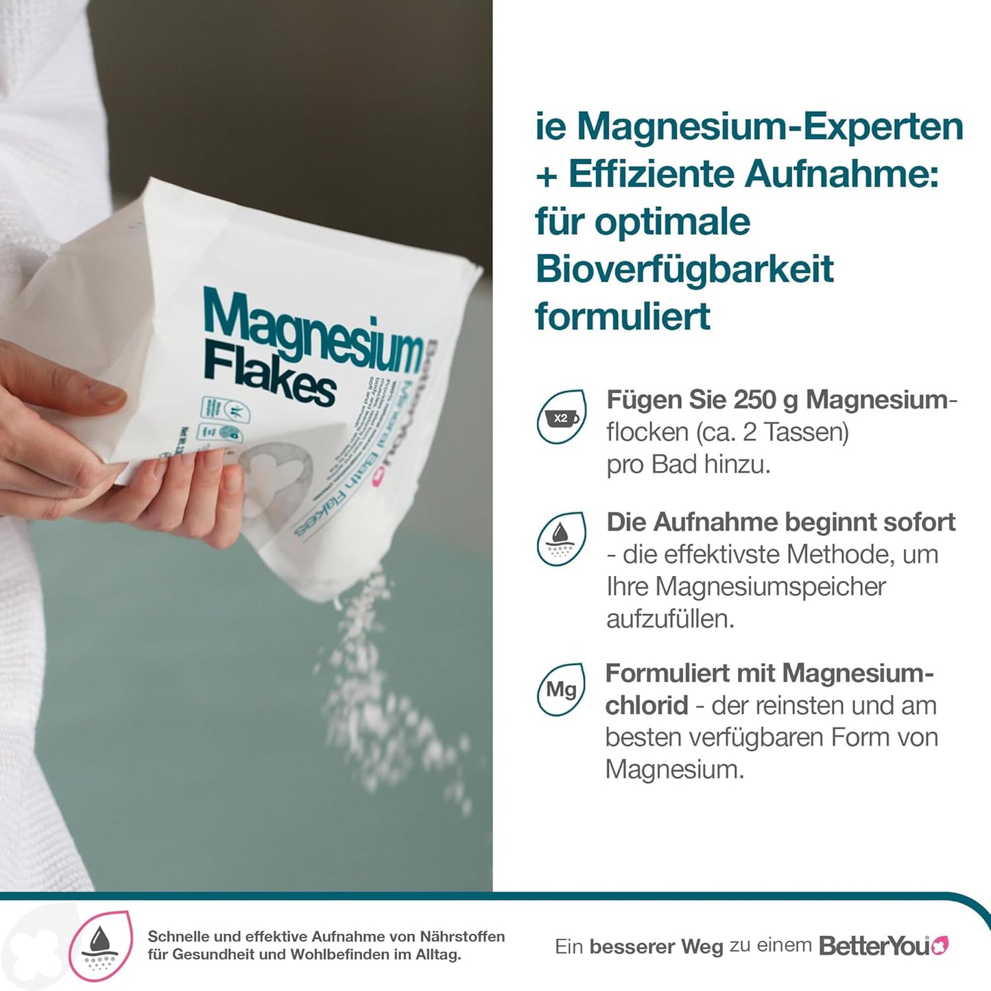 BetterYou Magnesium Mineral Bath Flakes - Mineral Bath Salts with Magnesium Chloride - Foot Bath or Body Bath Soak - Safe On Sensitive Skin - 2.3 lb