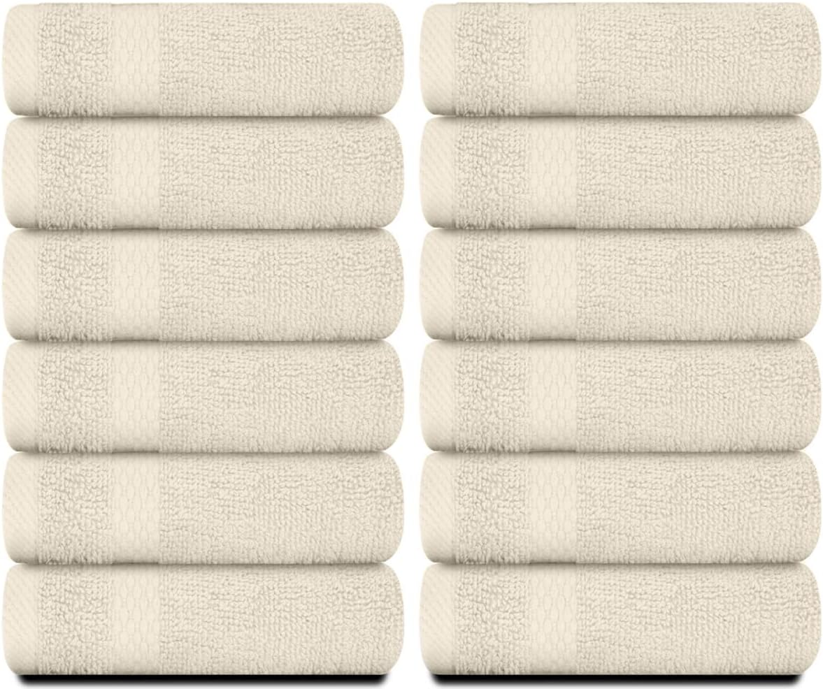White Classic Luxury Cotton Washcloths 13x13 Inch - 650 GSM Turkish Cotton | Hotel, Spa, Bathroom Face Towel | 12 Pack, Ivory