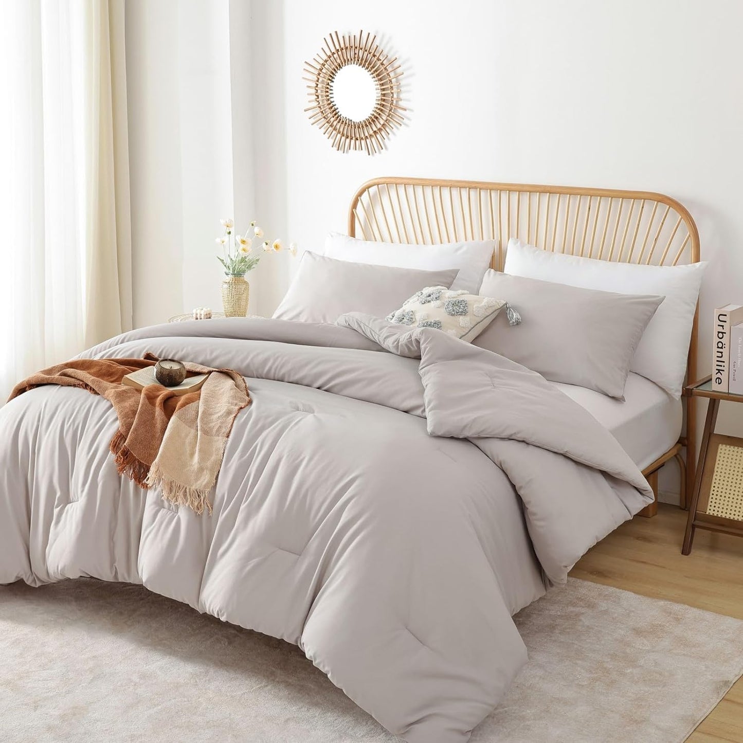 ROSGONIA Queen Comforter Set Linen Grey, 3pcs Queen Size Comforter(1 Boho Gray Comforter & 2 Pillowcases) All Season Lightweight Bedding Blanket Quilt