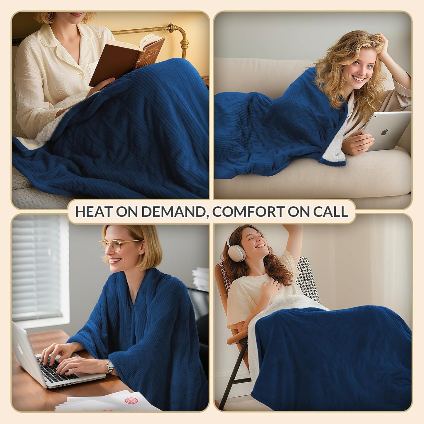 HOMLYNS LuxeHeat Heated Blanket Throw, Soft Flannel Sherpa, Electric Blanket 5 Heat Settings, Fast Heating, Heating Throw Blanket 3 Hours Timer Auto Shut Off, Machine Washable, 50×60 Inches, Navy