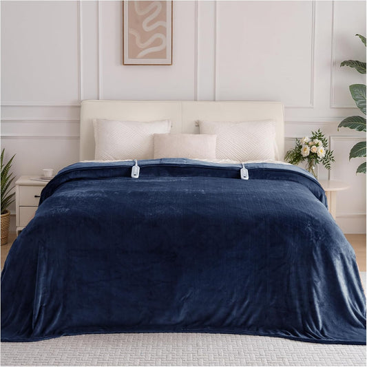 Electric Blanket Queen Size, Heated Blanket Soft Flannel Heating Blanket Queen Size with 10 Hours Auto Off, 8 Heating Levels, Machine Washable ETL Certification (Navy Blue, 84" x 90")