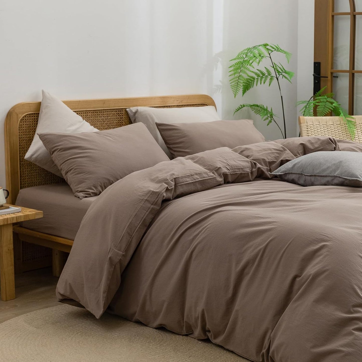 BESTOUCH Duvet Cover Set 100% Washed Cotton Linen Feel Super Soft Comfortable Chic Lightweight 3 PCs Home Bedding Set Solid Pine Bark Brown Full/Double