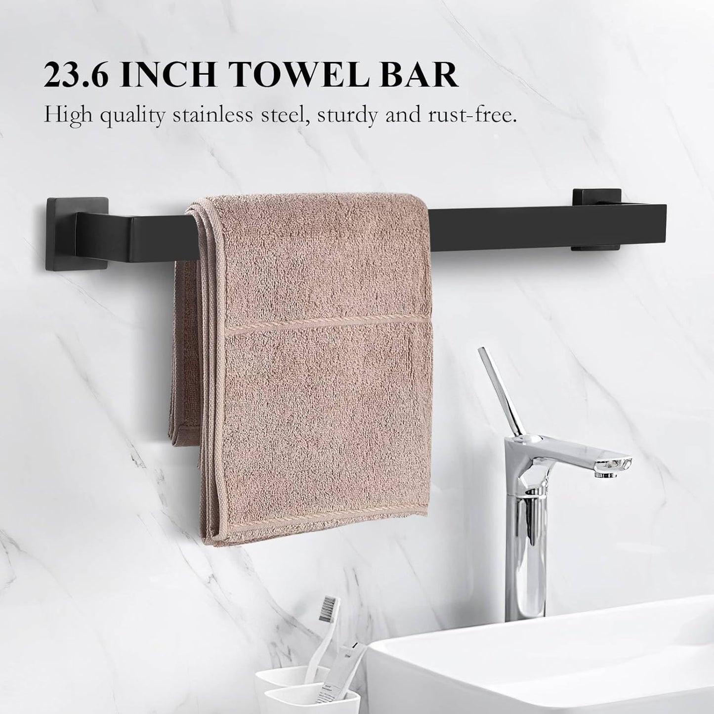 10-Piece Matte Black Bathroom Hardware Set,Towel Bar Set for Bathroom Include 23.6 inch Towel Bar,Towel Ring,Toilet Paper Holder Towel Hooks,Stainless Steel Wall Mounted