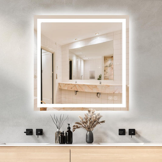 36 x 36 LED Bathroom Mirror with Lights, Lighted Bathroom Vanity Mirror for Wall, Espejos para Baños, Frontlit & Backlit, Anti-Fog, Shatterproof, 3 Adjustable Color Temperatures & Memory Function