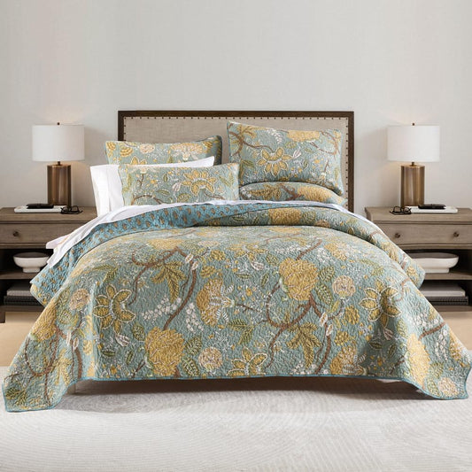 ENASAL Cotton Bedspread Quilt Sets Reversible Bedding Coverlet Sets Comforter, Vintage Floral Farmhouse Pastoral Turquoise Bedspread, King Size