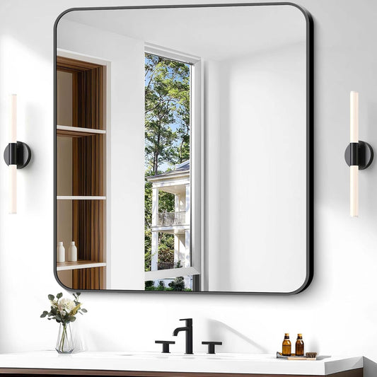 Bathroom Mirror, 40 x 36 inch Black Rectangle Wall Mirror, Metal Frame Rectangular Vanity Mirror, Rounded Corner Wall Mounted Mirror for Modern Bedroom Living Room Hangs Horizontal/Vertical
