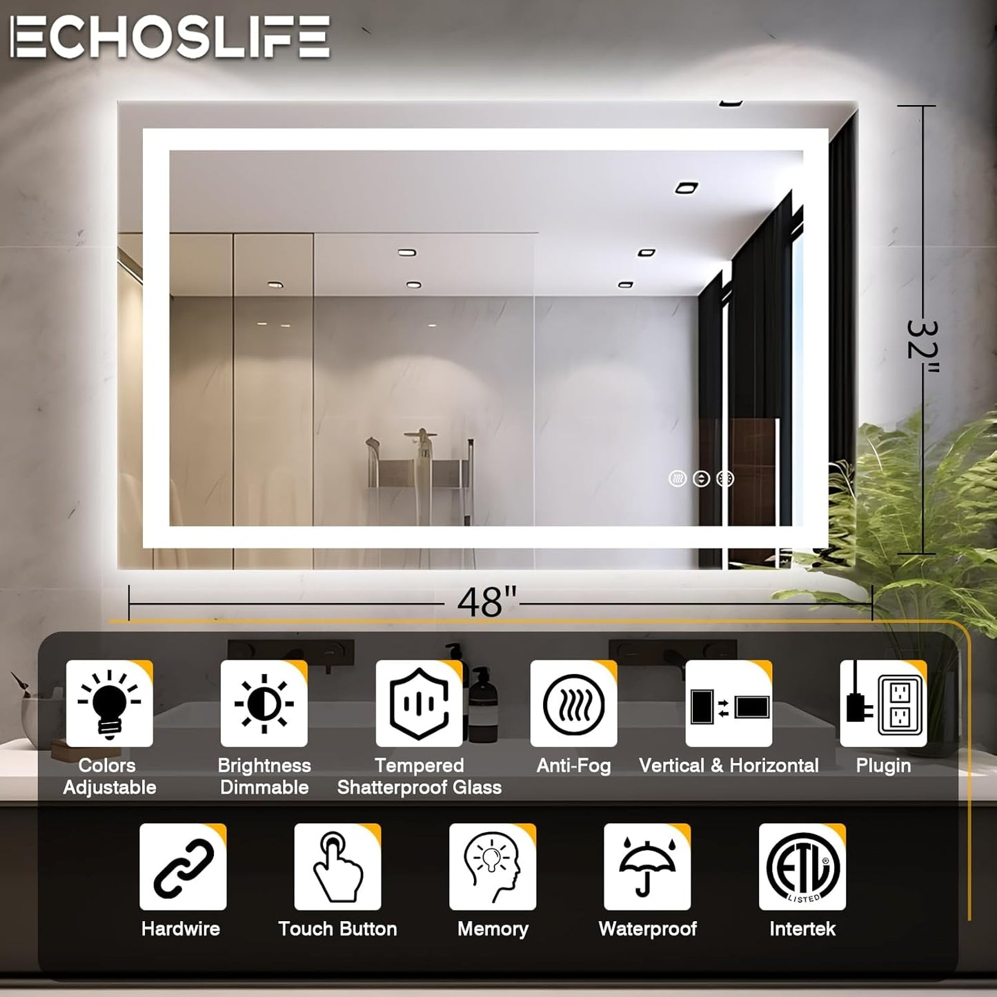 48"x32" LED Bathroom Mirrors for Wall, Front and Backlit Mirror, Anti-Fog Vanity Mirror with Lights, Stepless Dimmable Lighted Mirror, 3 Colors Smart Mirror (Horizontal/Vertical)