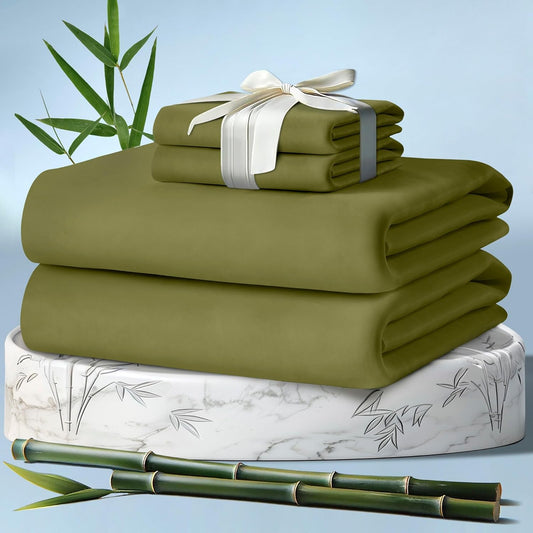 DECOLURE 100% Viscose Derived from Bamboo Sheets Cal King Size 4pcs - Ultra Soft & Luxuriously Cooling,17" Deep Pocket,Double Stitching,Perfect for Hot Sleepers - King Bed Sheets (Light Olive)