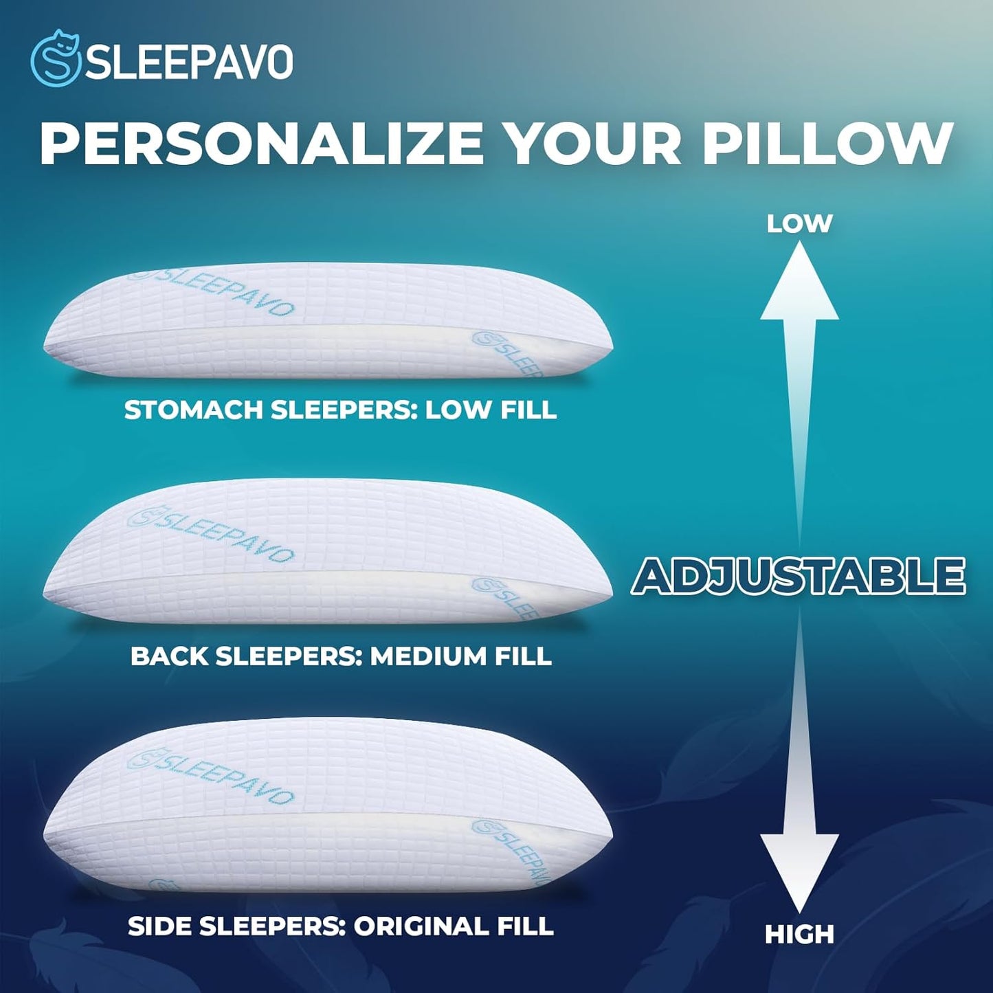 Adjustable Shredded Memory Foam Pillow Queen Size - Soft or Firm Rayon Derived from Bamboo Pillow for Side Sleeper, Stomach & Back - Cold Cooling Gel Bed Pillows for Sleeping Comfortable Pillows